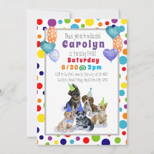 Pure Puppy  Girl Boy Colorful Birthday Party Invitation