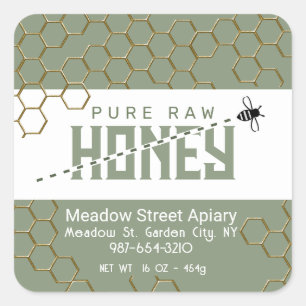 Pure Raw Honey Cute Bee Crossing Gold Honeycomb Square Sticker
