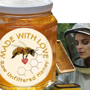 PURE RAW HONEY Honeybee Honeycomb and Heart Classic Round Sticker