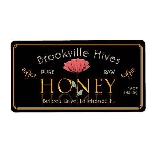 Pure Raw Honey Label Black and Gold Flower Bees