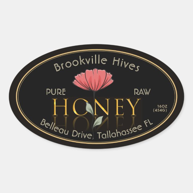 Pure Raw Honey Label Black and Gold Poppy Flower (Front)