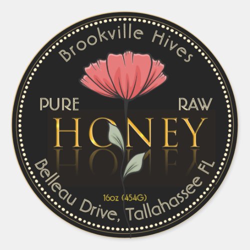 Pure Raw Honey Label Black and Gold Poppy Flower