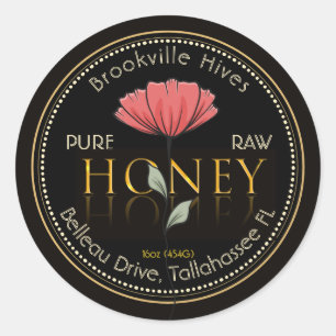 Pure Raw Honey Label Black and Gold Poppy Flower