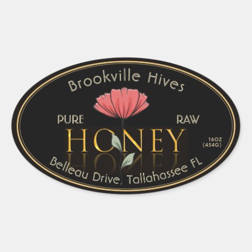 Pure Raw Honey Label Black and Gold Poppy Flower