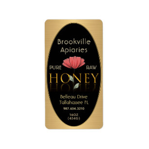 Pure Raw Honey Label Black and Gold Poppy Flower