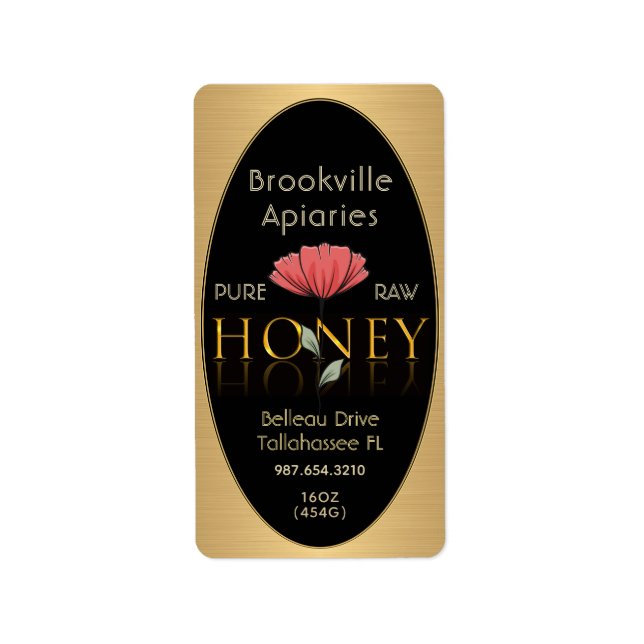 Pure Raw Honey Label Black and Gold Poppy Flower (Front)