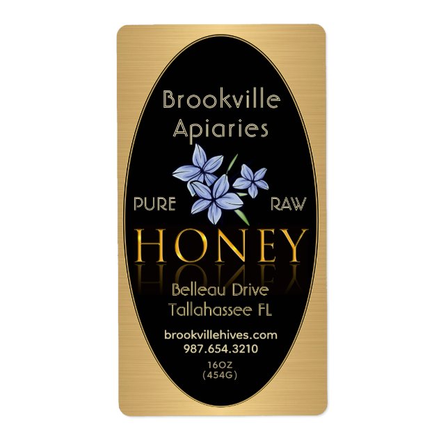 Pure Raw Honey Label Black and Gold Wildflower (Front)