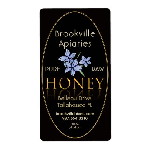 Pure Raw Honey Label Black and Gold with Flower