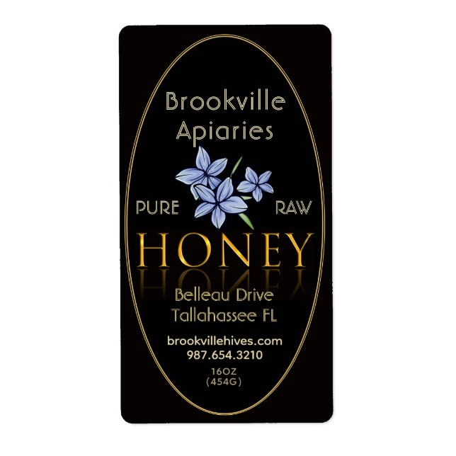 Pure Raw Honey Label Black and Gold with Flower (Front)