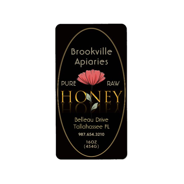 Pure Raw Honey Label Black and Gold with Flower (Front)