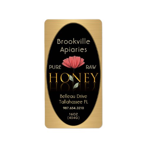 Pure Raw Honey Label Black and Gold with Poppy
