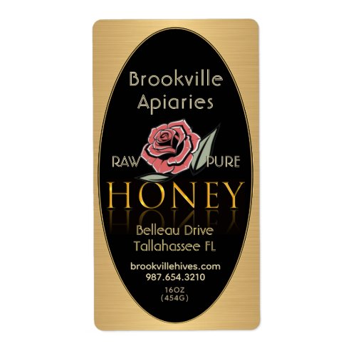 Pure Raw Honey Label Black Gold Border Rose Flower
