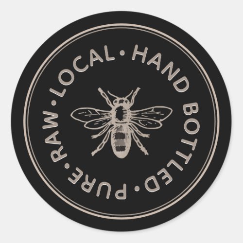 Pure Raw Local Hand Bottled Honey Bee Emblem Black Classic Round Sticker
