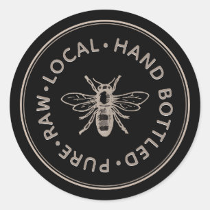 Pure Raw Local Hand Bottled Honey Bee Emblem Black Classic Round Sticker