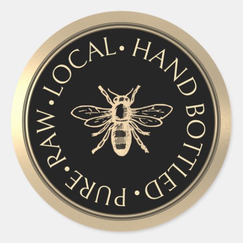 Pure Raw Local Hand Bottled Honey Gold Black Bee Classic Round Sticker