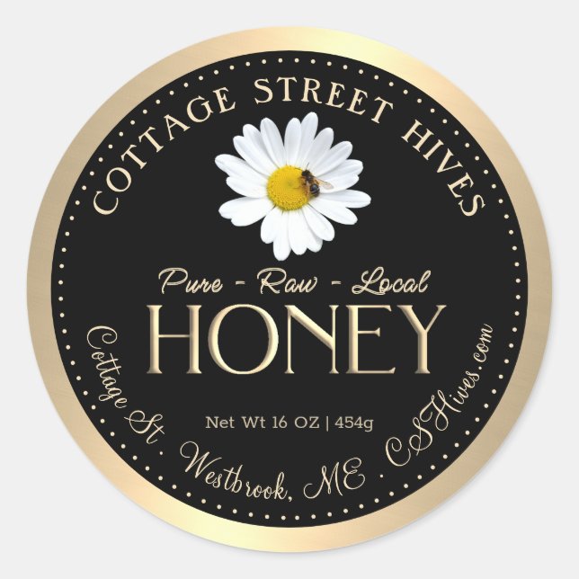 Pure Raw Local Honey Daisy Bee Black Gold Border Classic Round Sticker (Front)
