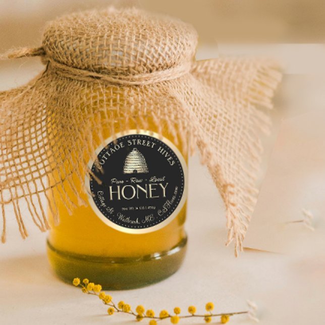Pure Raw Local Honey Gold Skep Black Gold Border Classic Round Sticker (Creator Uploaded)