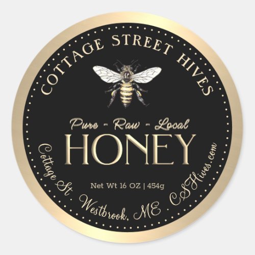 Pure Raw Local Honey Queen Bee Black Gold Border Classic Round Sticker