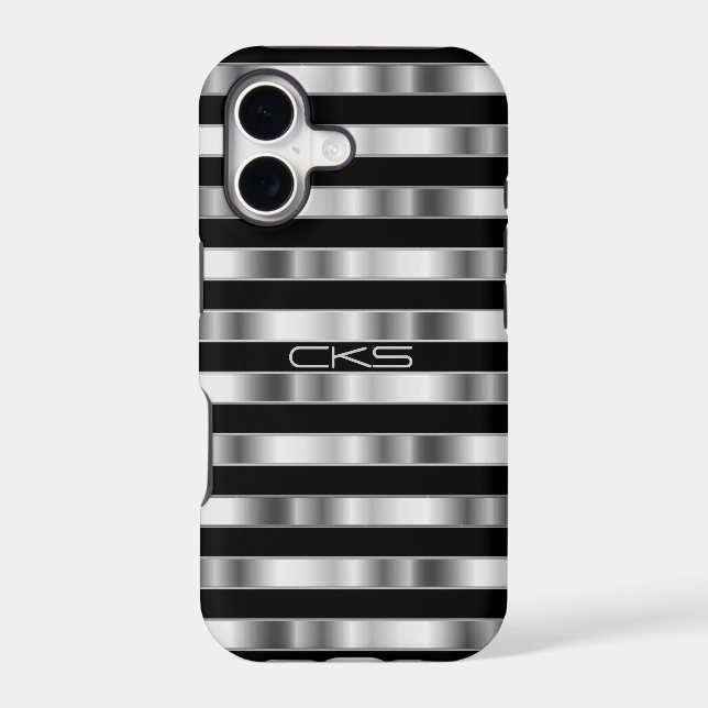 Pure Silver Metallic Stripes | Monogrammed Case-Mate iPhone Case (Back)