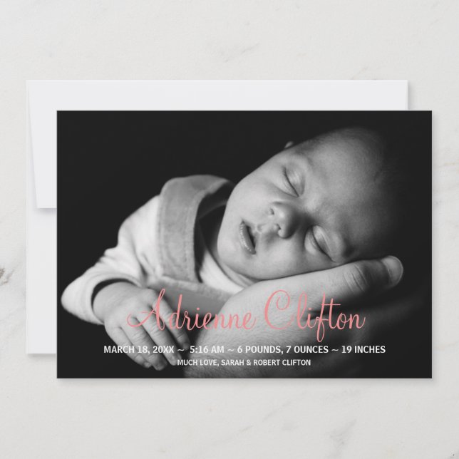 Pure simply pink baby statistic birth announcement (Front)