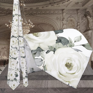 Pure White Desdemona Roses & Eucalyptus Wedding Neck Tie
