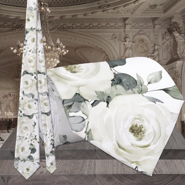 Pure White Desdemona Roses & Eucalyptus Wedding Neck Tie (Creator Uploaded)