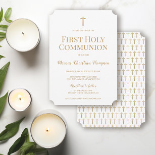 Pure White Gold Cross Boy First holy communion  Invitation