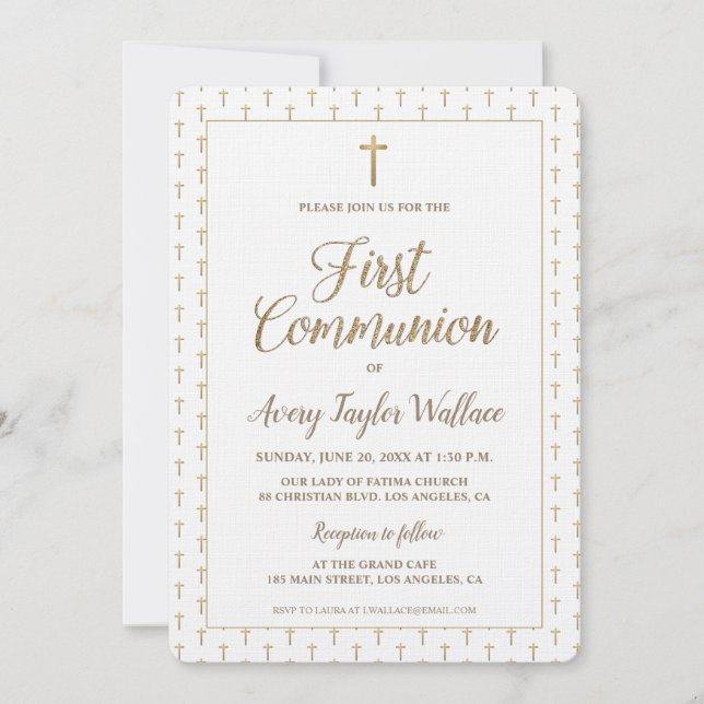 Pure White Gold Cross Modern First communion Invitation (Front)