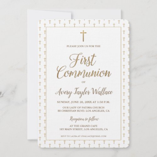Pure White Gold Cross Modern First communion Invitation