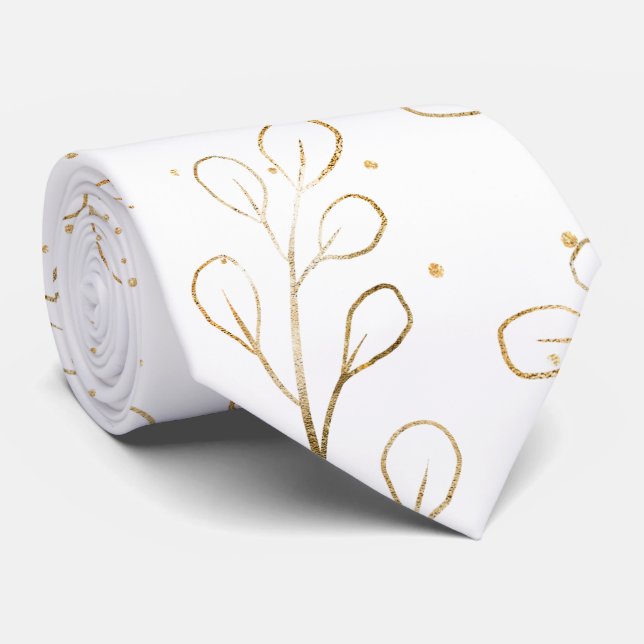Pure White & Gold Outline Eucalyptus Wedding  Neck Tie (Rolled)