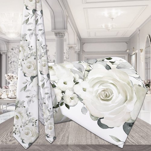 Pure White Roses  Silver Eucalyptus Wedding Neck Tie