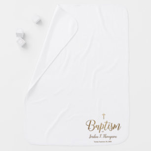 Pure White Simple Gold Cross Baby Baptism Blanket