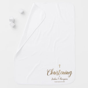 Pure White Simple Gold Cross Baby Christening Blanket