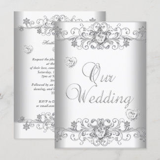 Pure White Wedding Silver Diamond Hearts Invitation