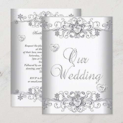 Pure White Wedding Silver Diamond Hearts Invite