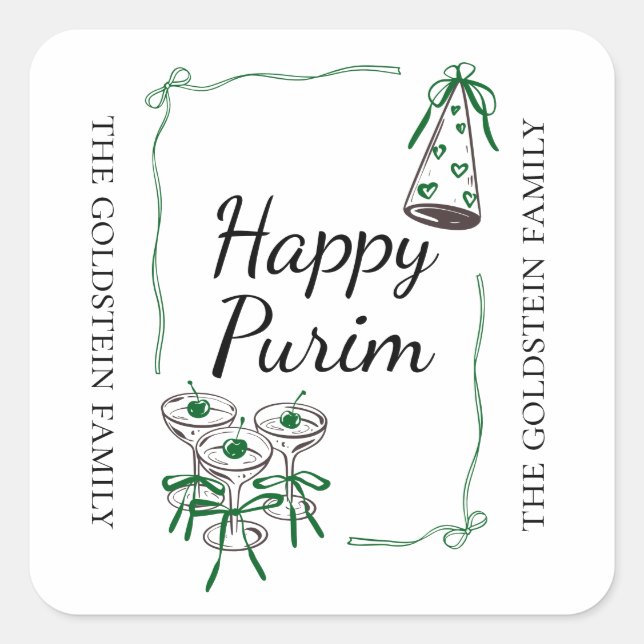 Purim Green Bows Part Hat Drinks Mishloach Manot  Square Sticker (Front)