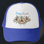 Purim hamantaschen pastry Sameach Oznei Haman Trucker Hat<br><div class="desc">Celebrate Purim with these cheerful Hamantaschen jumping for joy! Love the different fillings, poppy seed, cherry, apricot and so many choices! Thank you for looking at Happy Foods Design!</div>