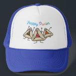 Purim hamantaschen pastry Sameach Oznei Haman Trucker Hat<br><div class="desc">Celebrate Purim with these cheerful Hamantaschen jumping for joy! Love the different fillings,  poppy seed,  cherry,  apricot and so many choices! Thank you for looking at Happy Foods Design!</div>