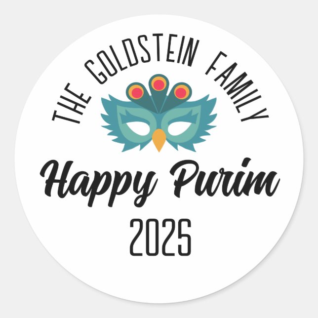 Purim owl mask masquerade costume Family Name Classic Round Sticker (Front)