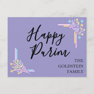 Purim Purple Neon Party Hat Mishloach Manot Name Postcard