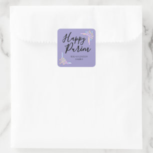 Purim Purple Neon Party Hat Mishloach Manot Name Square Sticker