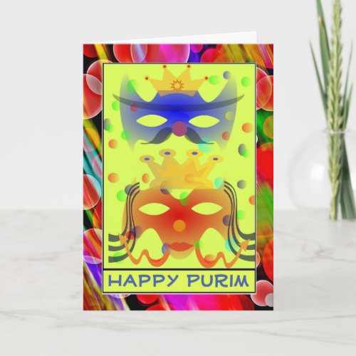 Purim Queen King Masks Colorful Contemporary Card