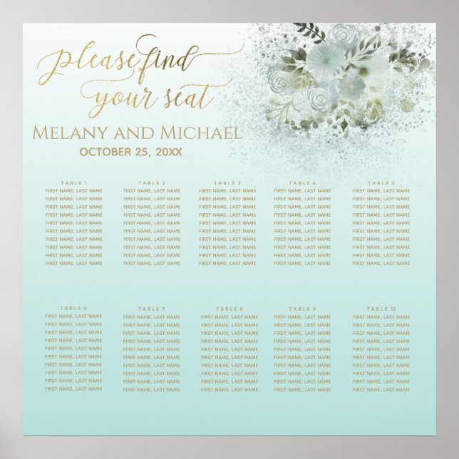 Purist blue ombre romantic floral gold calligraphy poster (Front)