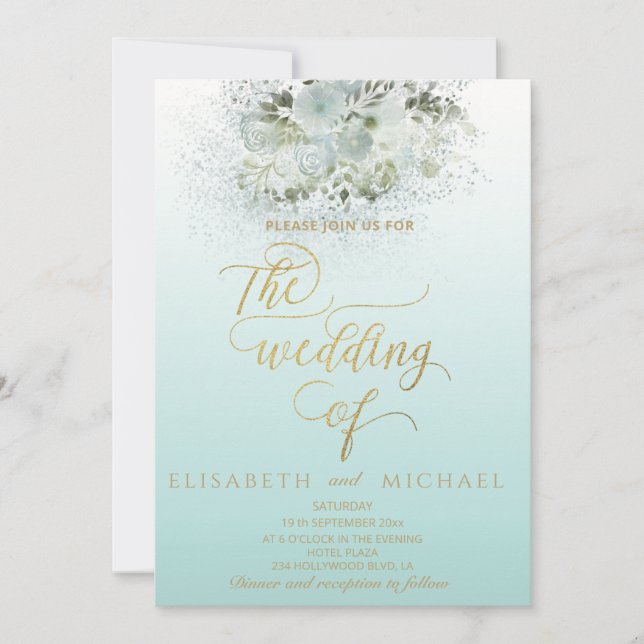 Purist blue romantic floral gold calligraphy invitation (Front)