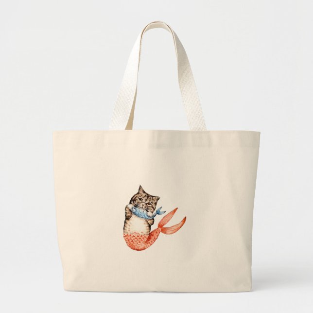 Purmaid Cat Mermaid Large Tote Bag (Front)