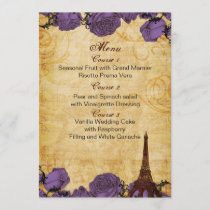 purp vintage eiffel tower Paris wedding menu cards