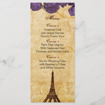 purp vintage eiffel tower Paris wedding menu cards