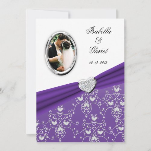 Purpl Ribbon Heart Damask Wedding Photo Invitation