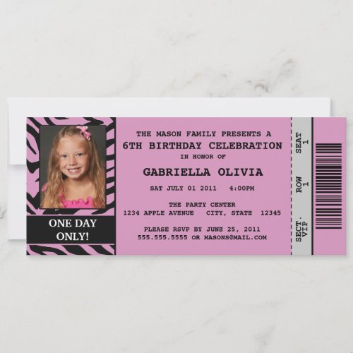 Purpl Zebra Event Ticket Birthday Party Invitation