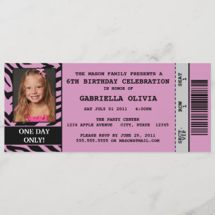 Purpl Zebra Event Ticket Birthday Party Invitation